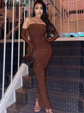 Brown Strapless With Cuff Sleeve Long Dress For Women Gown Summer Off-shoulder Backless Ruched Maxi Dress