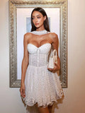 White Polka Dot Strapless Frill Mini Dress With Drape Scarf- Outfit