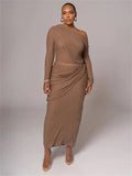 Draped Off-Shoulder Long Sleeve Top And Maxi Skirt Set- Outfit