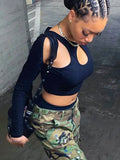 with Me 2022 Summer Long Sleeve Cropped Corset Women Top Sexy Aesthetic Club O Neck Fairy Grunge Black Women's