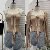 Real Shooting Pure Lust Style Set Hanging Neck Lace Hollow Sling Sling Vest + Short Lotus Leaf Side Shirt