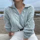Lapel small V-neck twist knit sweaterOutfit
