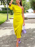 Asymmetrical Long Dress Women Yellow Satin Dress Woman One Shoulder Elegant Party Dresses 2023 Ruched Midi Summer