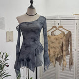 Personality Tie-Dye-Print Oblique Shoulder Dress Repair Irregular Lotus Horn Long-Sleeved Mesh T-Shirt