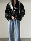 Black Leather Jacket with Drawstring and Collar