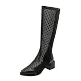 Summer Women Boots Patent Leather Knee High Booots Sexy Hollow Breathable Mesh Boots Fashion Zipper Thick High Heel