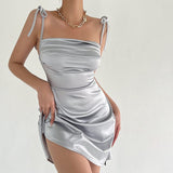 Satin Strap Lace Up Bodycon Sexy Party Nightclub Elegant Dresses for Women Fashion Backless Mini Dress 2022Summer