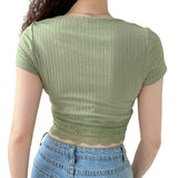 Arrival Button Sexy Crop Top Women Ribbed Knit Korean Style Short Sleeve 2023 Fashion Casual Green Summer Tops Women