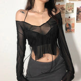Sexy Women T Shirt See Through Transparent Mesh Tops Long Sleeve Sheer Slim Ladies V Neck Black T-shirt Spring