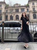 White Short Sleeve Dress Female Summer 2023 New French Sweet Temperament O-Neck Solid Women Clothes Black Midi