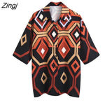Women Vintage Multicolor Geometric Print Loose Blouse Office Lady Short Sleeve Shirts Chic Chemise Blusas Tops