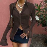 2022 Autumn Women Sexy T Shirts Vintage Fashion V Neck Button Y2k See Through White Casual Long Sleeve Top