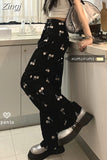 Loose Wide Leg High Waist Trousers Y2k Full Length Pants Casual Black Pantalones Women Straight Cherry Print