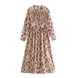 2021 spring women dress long sleeve midi dress floral printing single breasted v-neck korean fashion