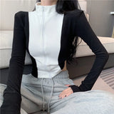 Spring new Korean fake two piece design color contrast zipper T-shirt women's slim long sleeve bottomed shirt chic