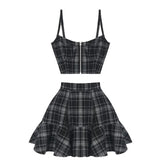Black Gothic Two Pieces Set Women Plaid Summer 2 Piece Y2K Crop Top + High Waist Mini Skirt Punk Streetwear Skirts
