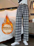 Fashion Warm Plush Pants Thick Plaid Women Casual Loose Wide Leg Trousers Korean Streetwear Straight Student Pants New