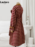 Autumn Winter Long Thickened Warm Red Tweed Woolen Coat Women Sashes Double Breasted Luxury Designer Runway Fashion