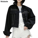 Jacket Jeans Coats Women 2019 Autumn Vintage Rivets Black Jaqueta Feminina Casacas Casual Woman Short Bomber Jeans