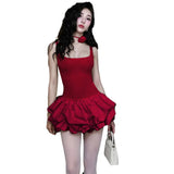 Autumn And Winter Women's New Pure Color Temperament Sexy Square Collar Taut Puffed Skirt Sleeveless Dress
