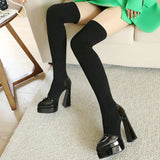 Knitted Suede Stretch Women Over The Knee Boots Platform Chunky High Heel Thigh Boots Pointed Tie Autumn Winter
