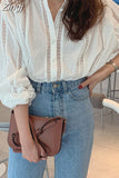 Hollow Out Chiffon Shirt Women Button Up White Blouse Ladies Loose Tops 2023 New Puff Sleeve Korean Fashion Clothing