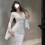 V Collar Long-Sleeved Dress Women Early Autumn Lace Hollow Dress Sister Slightly Familiar With Tight-Natured Ass Tail