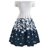 Women Butterfly Print 50s Vintage Formal Dresses Slash Neck Elegant A-Line Summer Party Casual Swing Retro Sexy