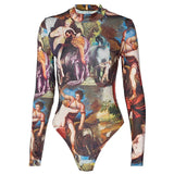 Women Autumn Fashion Long Sleeve Painting Printed Skinny Slim O Neck Bodysuit Romper Playsuit 2020 Fall
