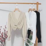 2022 Sexy Niche Cross-Kinny Wrinkles V-Neck Pad Shoulder Long Sleeve Shirt Short High-Waist Bubble Sleeve