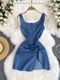 INS Fashion Denim Dress 3D Flower Sleeveless Skinny Zipper Split Fold Solid 2024 Y2k Vintage Summer Chic Party