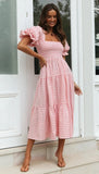 Plaid Puff Sleeve Midi Dress-Outfit