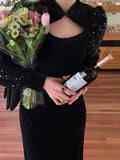 Black Velvet Midi Dress Women Sexy Hollow Out Sequins Design Y2k Dress Vintage Casual Evening Party Dress 2023