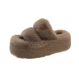Double With Fur Thick Bottom Slippers Women Autumn And Winter Double One-Word Slope And Warm Cotton Slippers