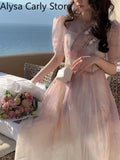 Summer Causal Vintage Fairy Dress Women Patchwork Korean Sweet Elegant Party Dress Female Outwear Sexy Evening Beach