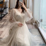 Size Elegant Button A-Line Vestidos White Dress Women 2022 autumn Puff Sleeve Empire V-Neck Lace Voile Mesh Dresses