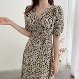 Style Summer Print Floral Dress Women V Neck Short Sleeves Chiffon Bohemian Dresses Beach Midi Female Wrap
