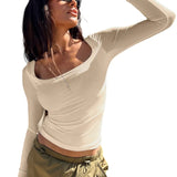 Women's Sexy Long Sleeve Crop Top Solid color, Slim fit top Spicy Girl T-shirt U-neck long sleeved shirt Y2K