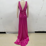 Pink Satin Deep Neck Pleated Maxi Dress- Outfit
