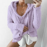 Autumn Top Women Casual Mohair Hooded Pullovers V Neck Fleece Sweater Fashion Sweet Loose Warm Winter Mohair Tops