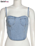 Puss Backless Denim Camisole Y2K Solid Women Sleeveless Backless Sexy Tank Top Trend Street Stretchy Skinny Wild