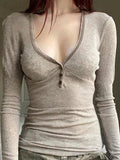 Solid V Neck Splice Slim Long Sleeve Tee-Outfit