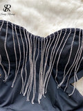Women Sexy Bodysuits 2023 Fashion Strapless Beading Rompers Autumn Sleeveless Tassels Design Skinny Club