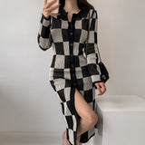Long Sleeve Polo Plaid Slim Pencil Dresses for Women Evening Party Sexy Split Sweater Bodycon Dress Autumn Winter