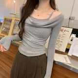 Two-Piece Suspender Collar Shoulder Fold Shoulder Long-Sleeved T-Shirt Women's Early Autumn New Korean Style