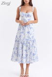 Summer Blue Midi Floral Print Holiday Dress Elegant Spaghetti Strap Full Skirt Go Out Party Dresses Women Dress