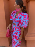 Women's Floral Print Cut Out Midi Dress Elegant Puff Short Sleeve V Neck Split Slim Vestido New Female Summer Party