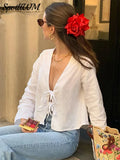 Cotton And Linen Lace Up Long Sleeve Blouse Loose Casual V-neck Shirt For Women 2024 Spring Female Beachwear Vacation