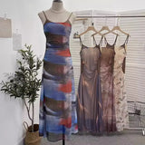 Sexy Tie-Dye Print Dress Waist Folded Folded Black Back Mesh Slings Long Skirt