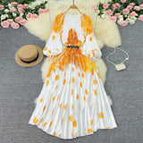 Zingj New Women's Dress Oversized Skirt Print Pleated Waist Lace Holiday